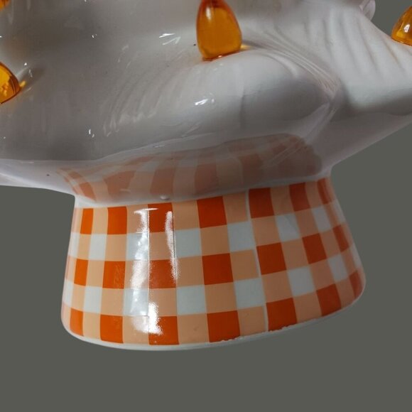 White Ceramic Christmas Tree With Orange Lights & Checkered Base - "14"Inches - Picture 2 of 5